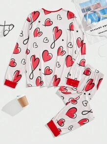 Happy Jammies Men's Round Neck Long Sleeve Heart Print Minimalist Top And Pants Loungewear Set - Multicolor - View 2