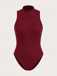 SHEIN BASICS 女士立领无袖休闲紧身衣，简约修身版型 - 酒紅色 - 查看 6