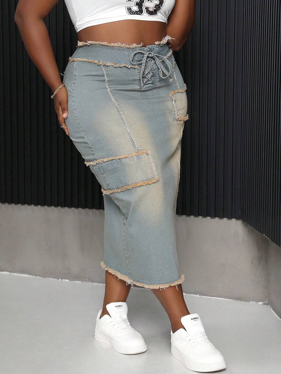 SHEIN CURVE+ Falda de mezclilla desgastada informal de talla grande - Azul - Ver 1