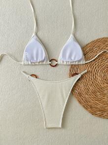 Swim SXY Conjunto de bikini sexy de tirantes de espagueti con anillo redondo de decoración en tela jacquard de unicolor para mujer, atuendos de playa