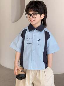 DAZY Kleine Jungen einfarbiges Patchwork Hemd mit Knöpfen, Kurzarm Lässig Stil