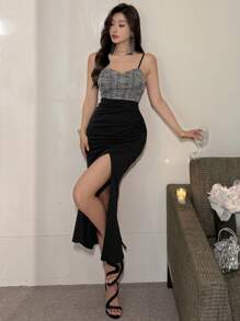 DAZY Women's Elegant Color Block High Slit Camisole Dress Prom Dress Sundress Carnival Cocktail Dress - Black - View 4