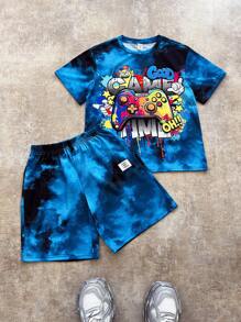 SHEIN 2 件儿童青少年男孩休闲街头风格扎染游戏机图案圆领短袖 T 恤和短裤套装，适合通勤、上学、日常休闲、度假、运动、春夏 - 藍色 - 查看 2