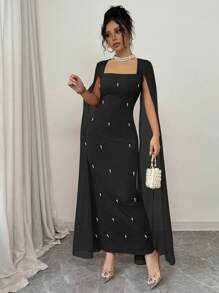 Rafferiza Vestido rojo elegante y de fiesta de chifón transparente con cuello cuadrado y detalles de rhinestone, tejido elástico, para otoño/invierno - Negro - Ver 7
