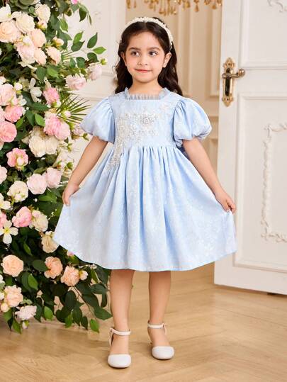 Glamorique Kids 年轻女孩公主提花连衣裙，定制前珍珠花，蓝色泡泡袖，花卉提花连衣裙适合舞台表演，优雅礼服