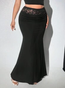 Viva Relle Falda elegante de talla grande con dobladillo de cola de pez y encaje de contraste