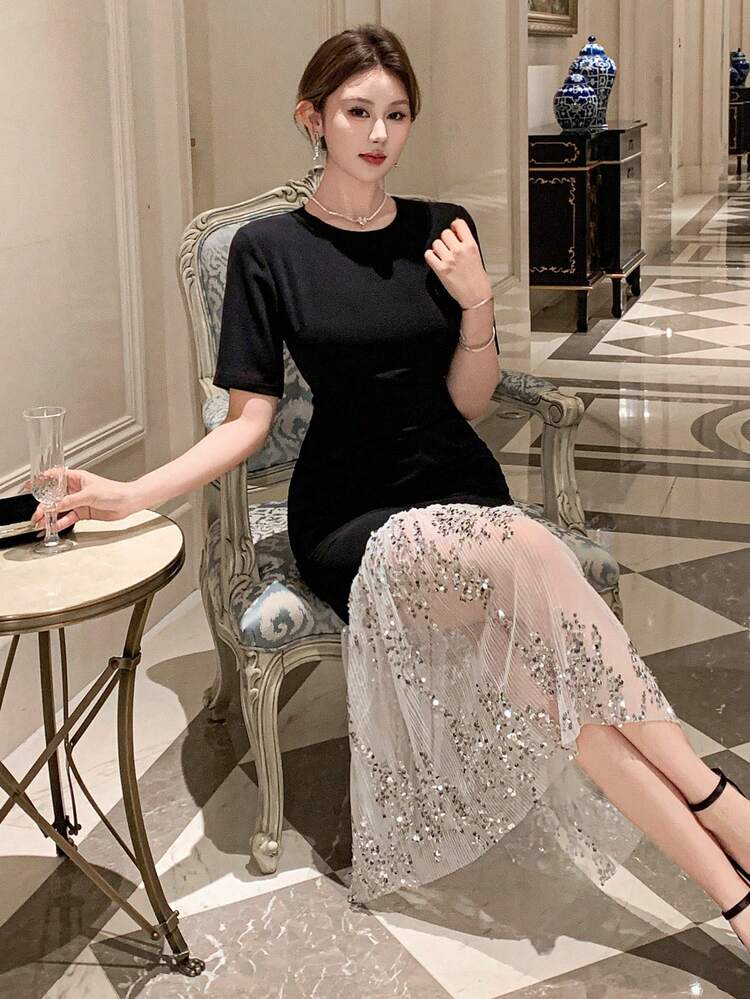 Women's Solid Color Splice Round Neck Short Sleeve Elegant Casual Dress,Dress For Wedding Maxi Dress