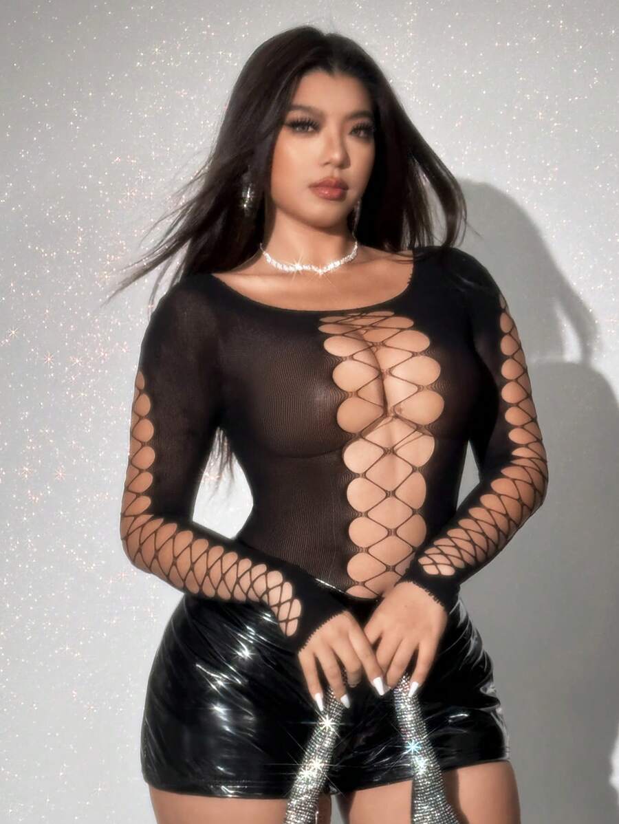 Viva Relle Plus Size Women Black Hollow Out Bikini Inner Shirt, Sexy Revealing Lingerie - Black - View 1