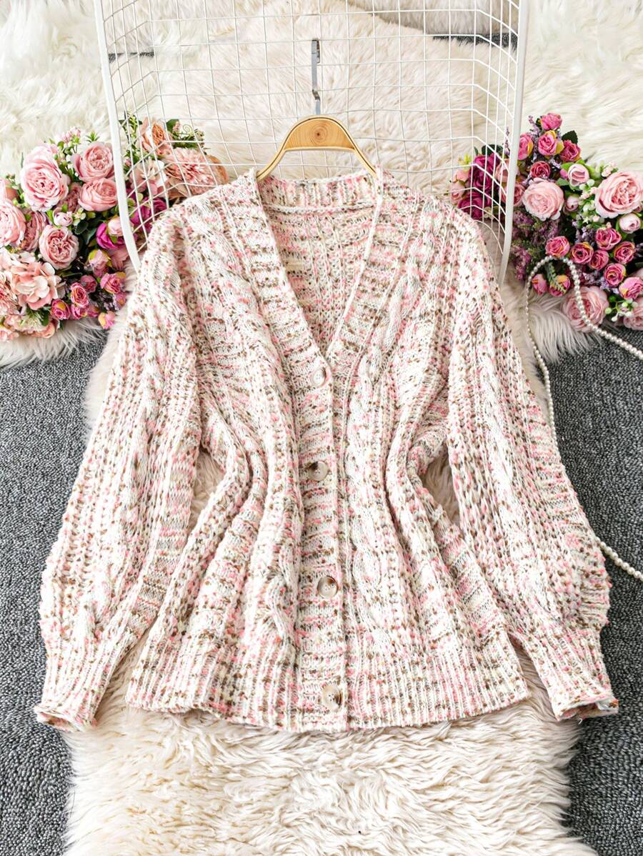 Chiquease Mixed-Yarn Knit Cardigan (Random Yarn Color) Fall Cloth For Women - Pink - View 1