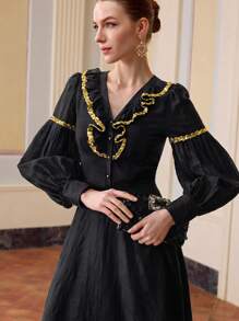 ZEYLAH WOMEN'S SEQUIN TRIM RUFFLE V NECK MAXI DRESS, FIT AND FLARE DRESS, LONG AND Lantern SLEEVES, SEMI-SHEER TEXTURED FABRIC - Black - View 6