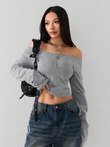 Coolane Camiseta básica de manga larga gris con hombros descubiertos para mujer, estilo primavera/verano Y2K