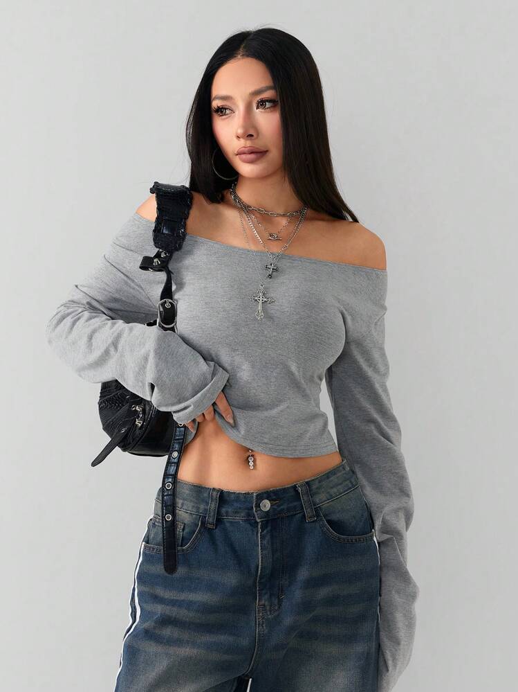 Coolane Camiseta básica de manga larga gris con hombros descubiertos para mujer, estilo primavera/verano Y2K - Gris - Añade 4
