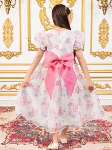 SHEIN Tween Girls Cute Round Neck Puff Sleeve Cinch Waist Floral Print Mid-Length Dress
