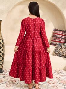 SHEIN Tween Girl Holiday Style Round Neck Print Long Sleeve Dress - Red - View 2