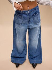 Forever 21 Plus Size Women Distressed Wide Leg Denim Jeans - Medium Wash - View 4