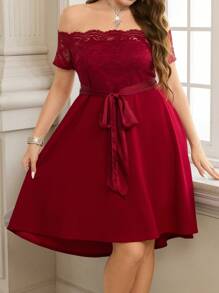 Ellevyn Plus Size Graceful Red Valentine's Day Off Shoulder Lace Patchwork Asymmetrical Hem A-Line Dress Outfit - Burgundy - View 5