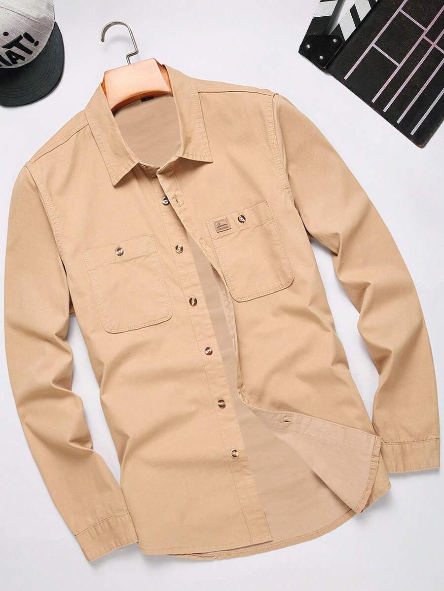Manfinity Homme Men's Casual Single-Breasted Long Sleeve Denim Shirt For Autumn - Khaki - View 1
