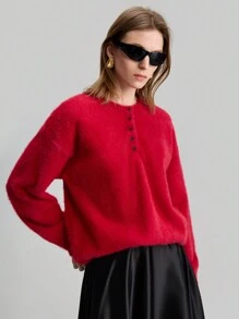 Ontre Suéter rojo esponjoso y holgado de cuello redondo con un solo botonadura, de estilo minimalista y versátil, ideal para días festivos y el Día de San Valentín. Moda casual femenina 2025