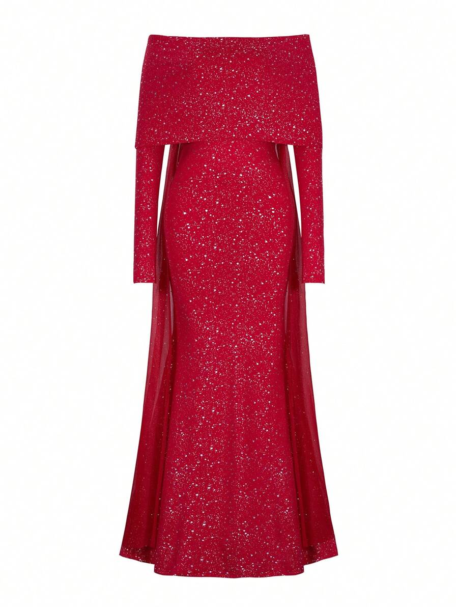 Chiquease Elegant Off Shoulder Red Metallic Print Party Dress For Women - Red - View 1