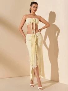 SHEIN BAE Summer Vacation Style Date Night Slit Maxi Dress, Women 2 Pieces Strapless Set - Apricot - View 4