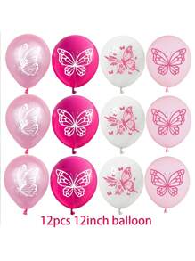 SHEIN Set de 12 globos de látex, globos de látex con temática de mariposas rosas para decoración de fiesta de cumpleaños, globos de látex para fiestas, set de globos con decoración de dibujos animados con tema, globos con alas de mariposa para decoración de boda, 12 pulgadas, Navidad