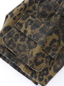 SHEIN 年轻女孩豹纹3D工装牛仔短裤，甜美街头风格 - 咖啡棕 - 查看 7