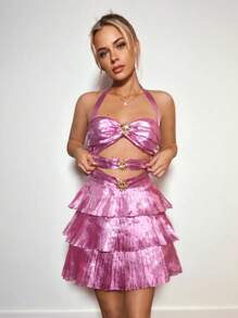 SHEIN ICON  Women's Sleeveless Hollow-Out Simple Casual Pink Party Mini Dress Valentine's Day - Lilac Purple - View 4