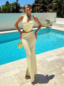 Aloruh 女士性感深 V 蕾丝文胸和低腰蕾丝裙 2 件套紧身蕾丝海滩度假装女士夏季服装两件套女士度假装女士 2 件套女士海滩装 - 黃色 - 查看 2