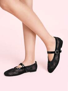 CUCCOO DOLLMOD Square Toe Net Floral Black Instep Strap Elegant Fashion Simple Cute Casual Sandals Spring Shoes Spring Break Easter - Black - View 4