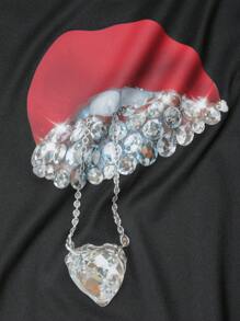 SHEIN Slayr 女士时尚水钻心形唇印修身短款上衣图案T恤女式上衣 - 黑色 - 查看 5