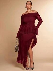 SHEIN BAE Robe longue avec une seule épaule, décoration de volant en maille tulle noire unie, fente haute, ourlet pour femmes grandes tailles au printemps, en automne et en hiver. Robe élégante et sexy, robe douce, robe romantique pour rendez-vous, robe pour la Saint-Valentin, le Nouvel An, les festivals, les fêtes
