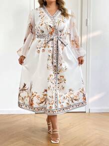 SHEIN CURVE+ CURVE PLUS /Valentine's Day/Elegant Party Occasion & Date Night Plus Size Midi Dress, Crossover V Neck With Belt, Floral Mesh Print, A-Line Flared Skirt, Spring Autumn - Z,Valentines,Rose,Heart,Polka Dot,Love,Lip,Cupid,3D Flower - Multicolor - View 7