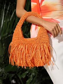 SHEIN SXY Damskie, damskie torby z uchwytem u góry, torba ze słomy, modna, elegancka, prosta, spersonalizowana, uniwersalna, pomarańczowa, frędzel, na plażę, wakacje, wakacje, lato, nad morze