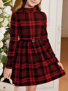 SHEIN Robe tricotée à manches longues à taille haute avec imprimé tartan, pour ado, idéale pour Noël, l'automne ou la rentrée scolaire - Rouge - Voir 7