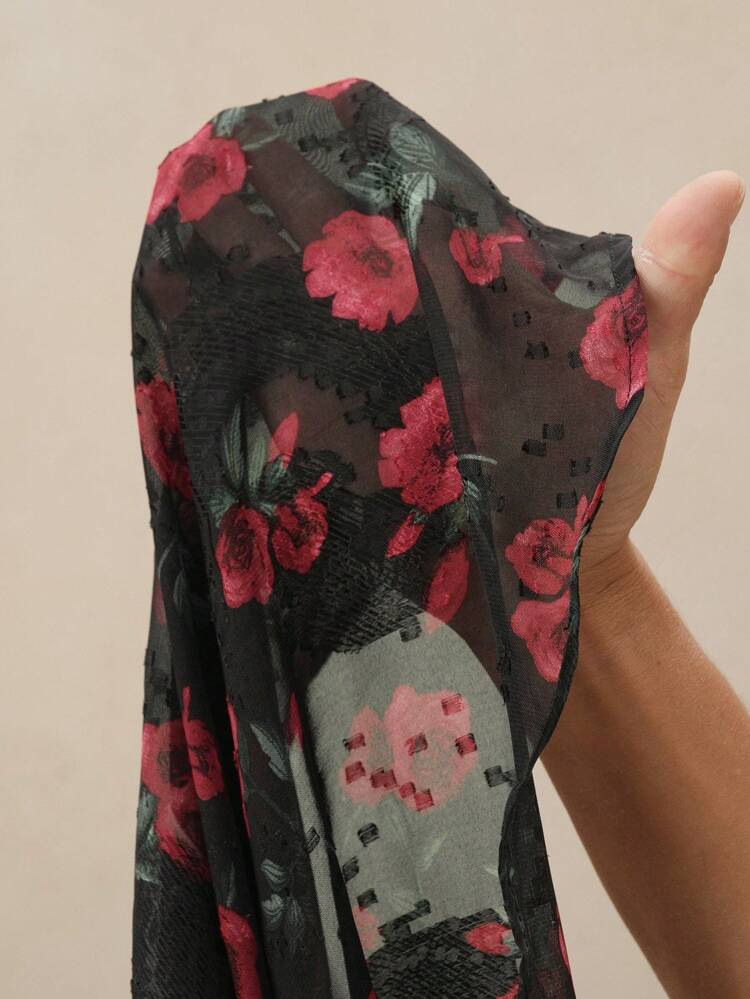 Stand Collar Long Puff Sleeve Cinched Waist Ditsy Floral Sheer Dress, Elegant Summer Vacation New Year Outfit