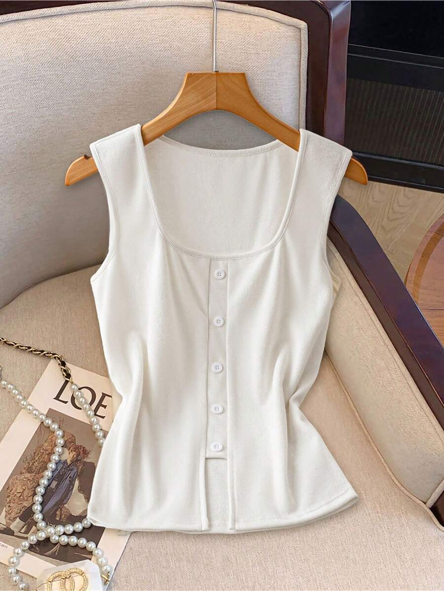 SHEIN LUNE Summer New Sleeveless Square Neck Knit Slit Back Slim Fit Tank Top For Women