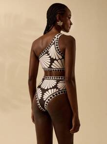 CAJUNI Women's Boho Black & Apricot Shell Print Beach Swimwear Top And Bottom 2 Pieces Set, Summer Resort Wear