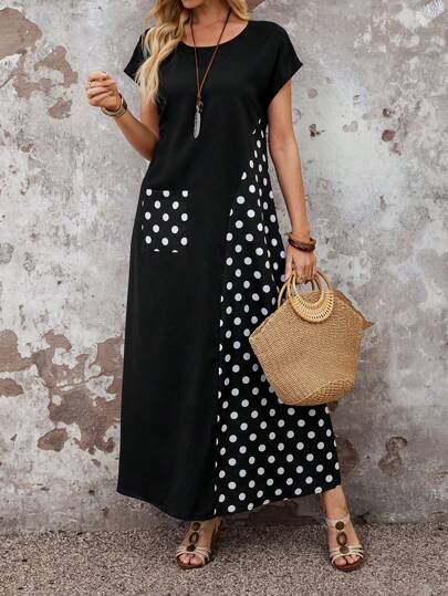 EMERY ROSE 女式夏季休闲拼布圆点印花连衣裙