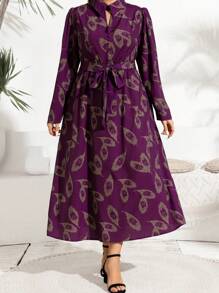 Mulvari Plus Size Casual Full Print Shirt Dress For Spring & Autumn, Elegant A Line Dresses, For Casual Daily/Travel/Work/Party