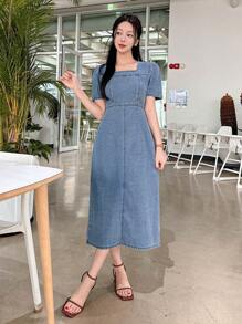 DAZY 西式水洗方领泡泡袖女式牛仔连衣裙，夏季 - 中等水洗藍 - 查看 5