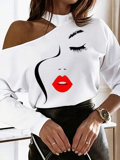 INAWLY 女式春季休闲不对称 T 恤，带人物印花和立领图案 T 恤女式上衣