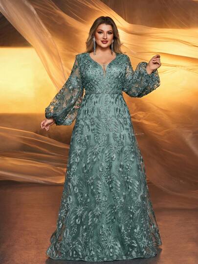 Glamrae 大码优雅妈妈装，带花卉刺绣、水晶装饰和灯笼袖，莲花粉色