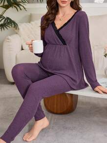 Lace Trim Overlapping Collar Comfy Knit Maternity Home Outfit Set