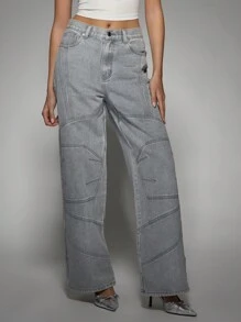 MISSGUIDED Jeans anchos y holgados de estilo motocross Y2K con costuras en panel diagonal, pantalones vaqueros de alta moda y streetwear con detalles de costuras arquitectónicas, para festivales y conciertos