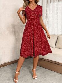 SHEIN Clasi V领纽扣红色圆点腰收腰女式连衣裙，春季服装，情人节连衣裙 - 紅色 - 查看 6