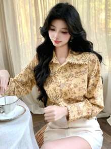 DAZY Floral Print Lantern Sleeve Collared Women's Shirt,Fall Women Clothes Long Sleeve Top - Yellow - View 4