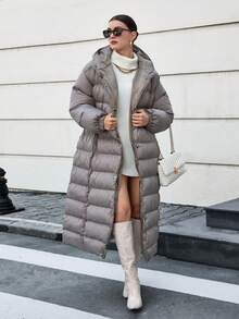 EURMUSE PLUS SIZE Damski płaszcz zimowy z kapturem i zapięciem na zatrzaski, ocieplany, długi, puchowy