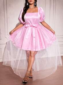 Celure Plus Size Solid Color Mesh Patchwork Front Tie Short Sleeve Simple Elegant Dress,Valentine Wedding Day Wedding Guest