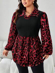 SHEIN LUNE Plus Size Women's Leopard Print Long Sleeve Shirt Collared Top Fall Women ClothesBusiness Casual Woman
