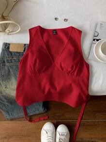 Comfortcana Áo ba lỗ không tay cổ chữ V đơn giản, đa năng dành cho nữ, màu đỏ - Đỏ - Xem 6